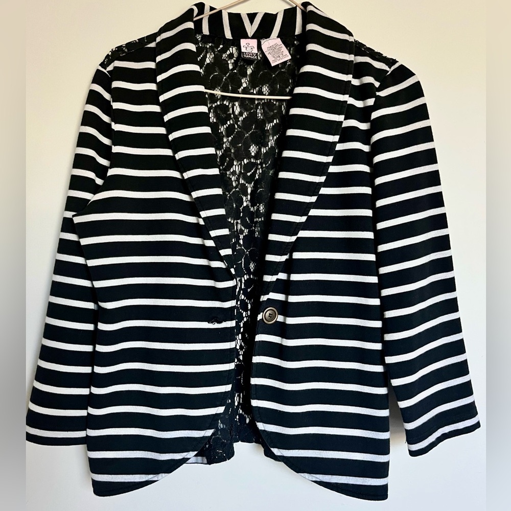 Love on A Hanger Black White Striped Lace Back Blazer Stretch Small 3/4 sleeve